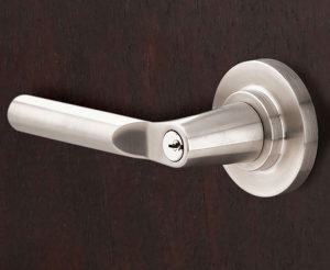 EMTEK-Hanover-Key-In-Lever-Dark-Wood-Door-Stainless-Steel-Finish